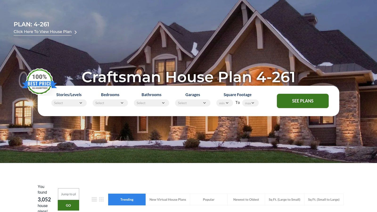 A Craftsman-style home with a prominent front porch and stone accents from the Monster House Plans website.