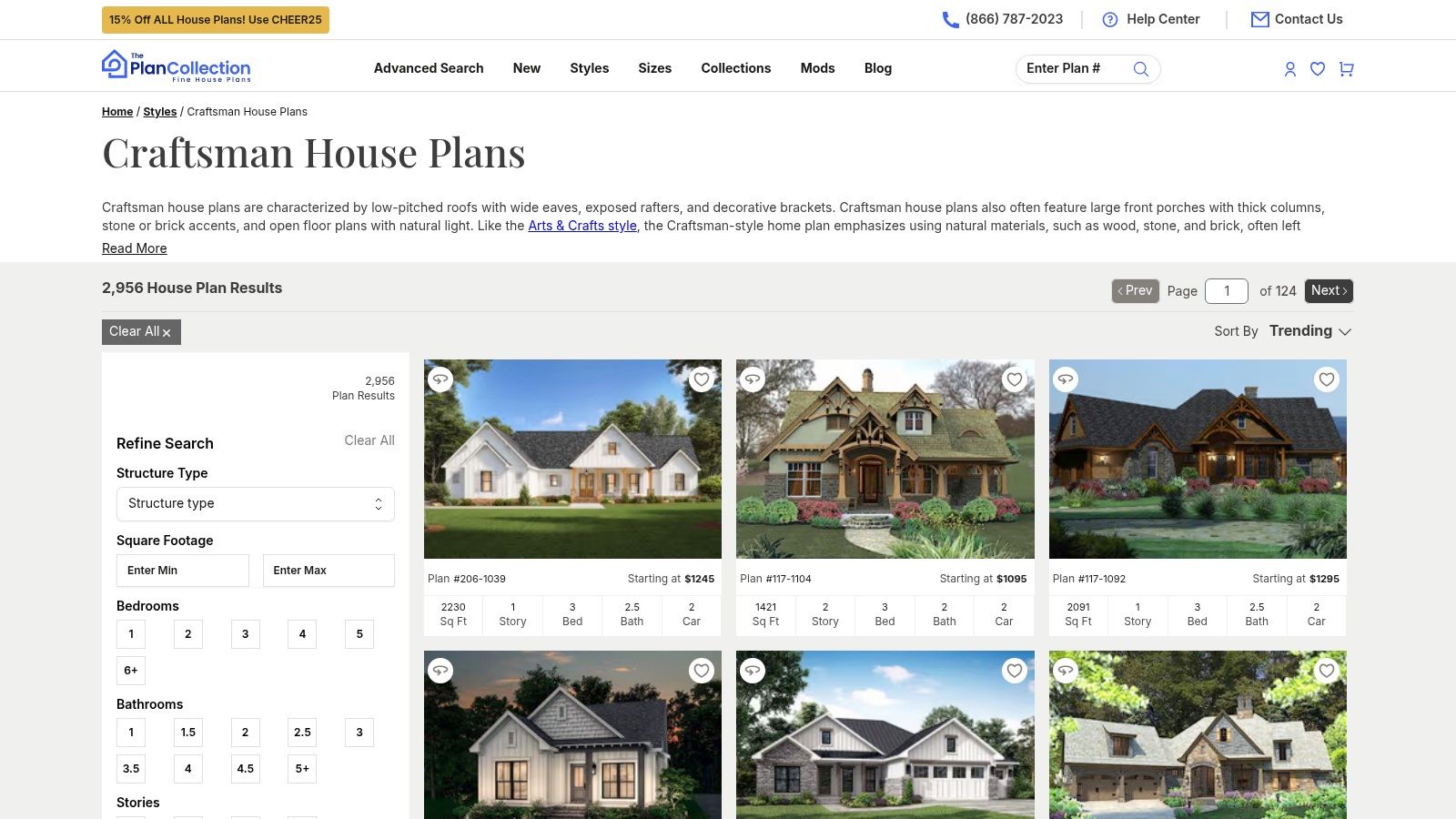 A collage of Craftsman-style home exteriors from The Plan Collection website.