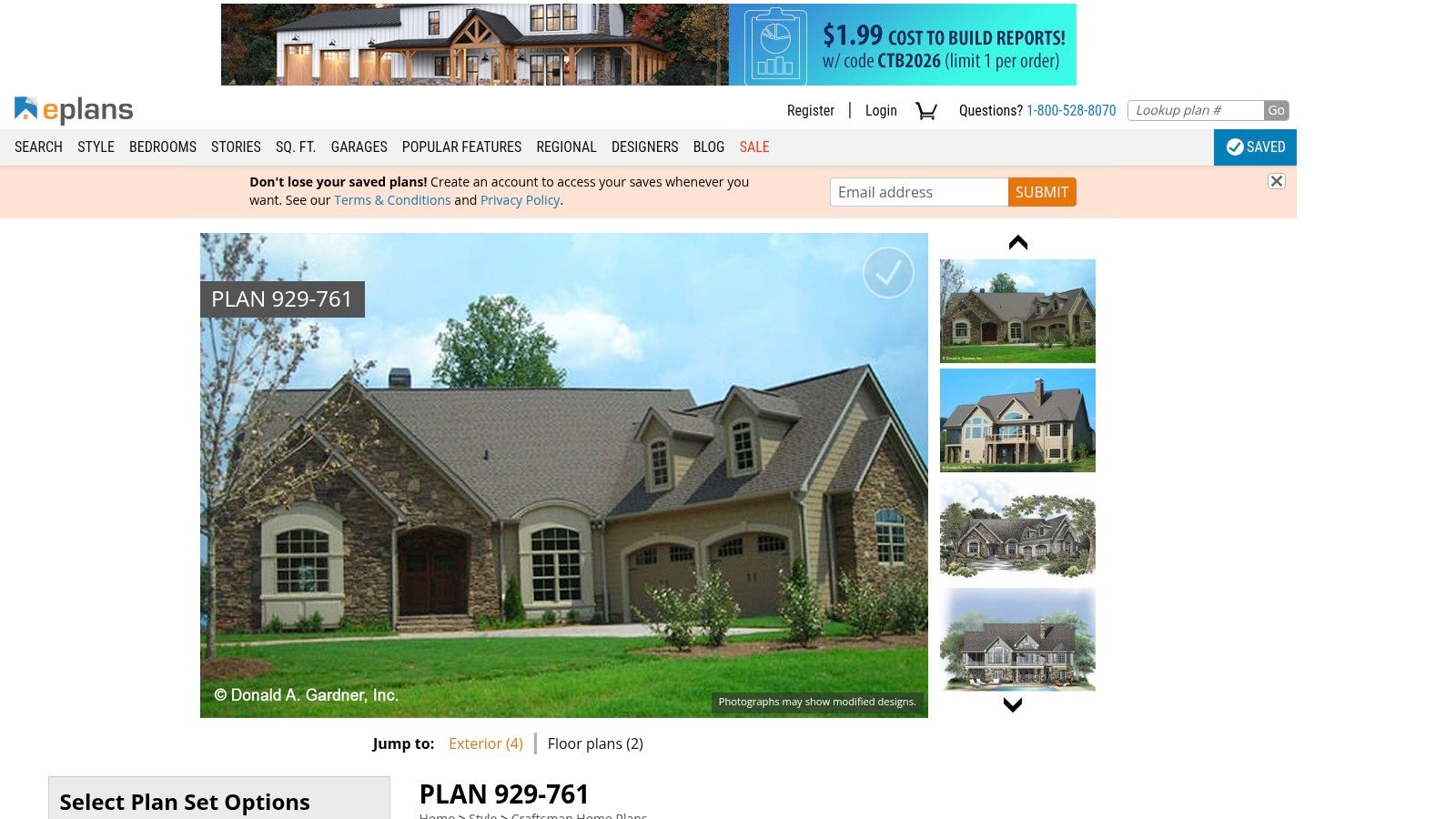 A collection of Craftsman-style home exteriors and floor plans from the ePlans website.