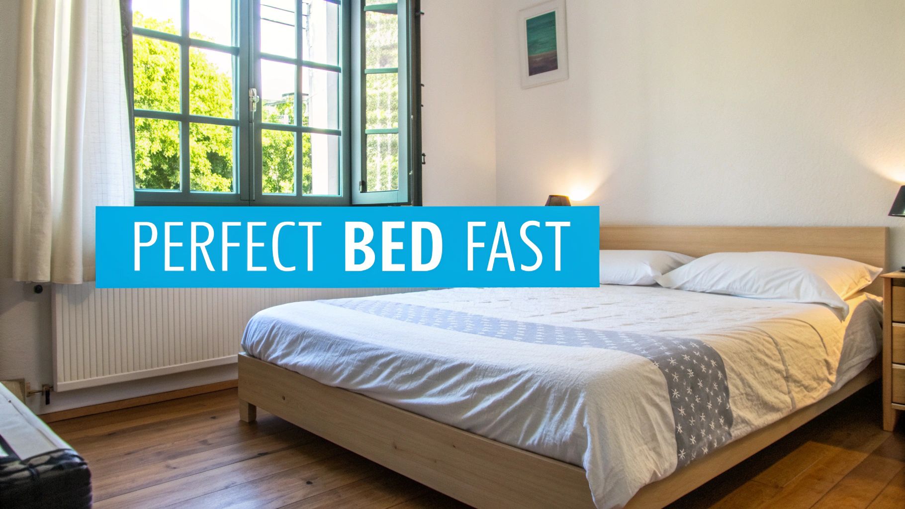 A cozy bedroom featuring a wooden bed, white bedding, a window with green frames, and lamps.