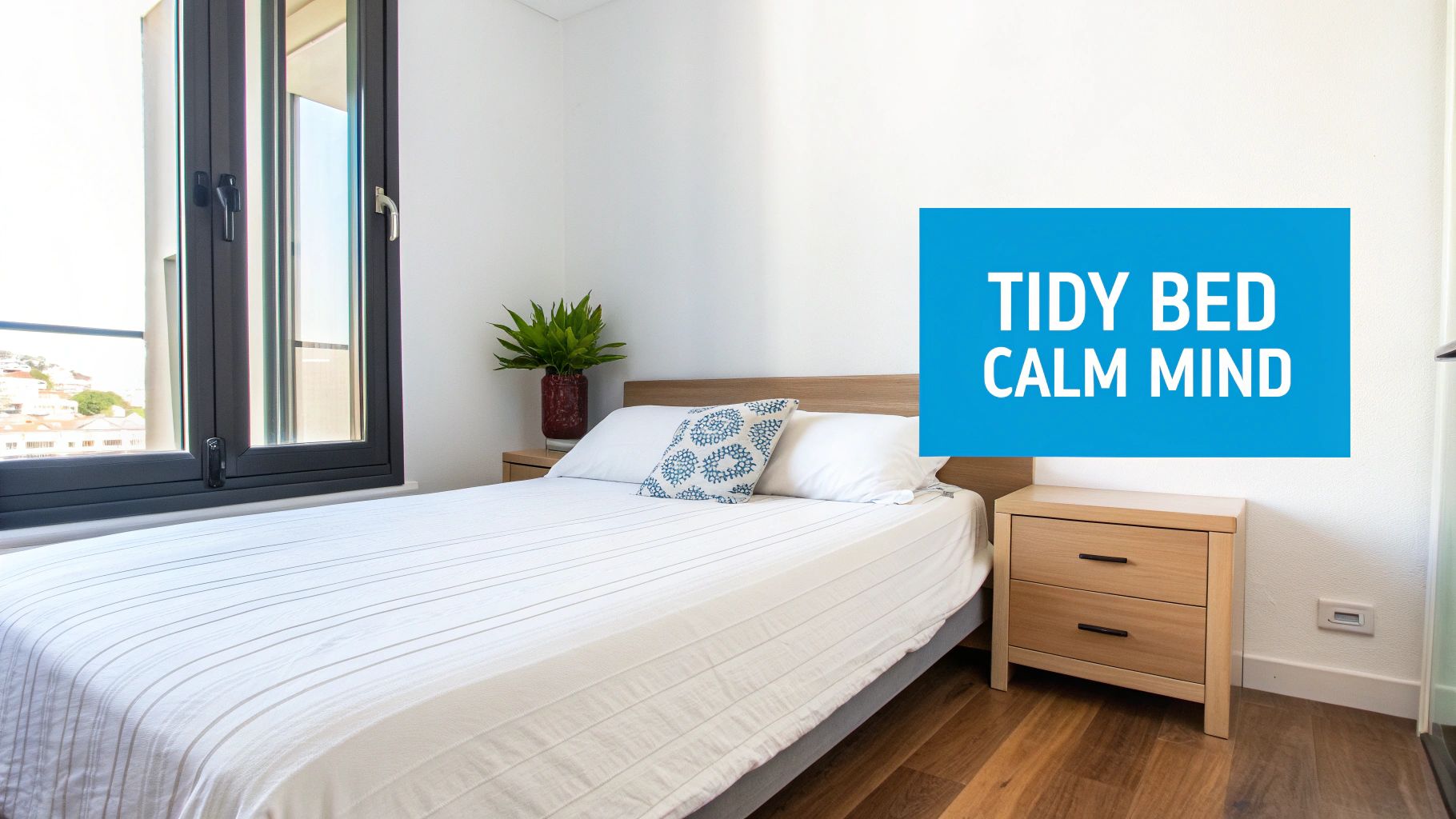 A bright and tidy bedroom featuring a neatly made bed with white linens, a wooden headboard, and a large window.