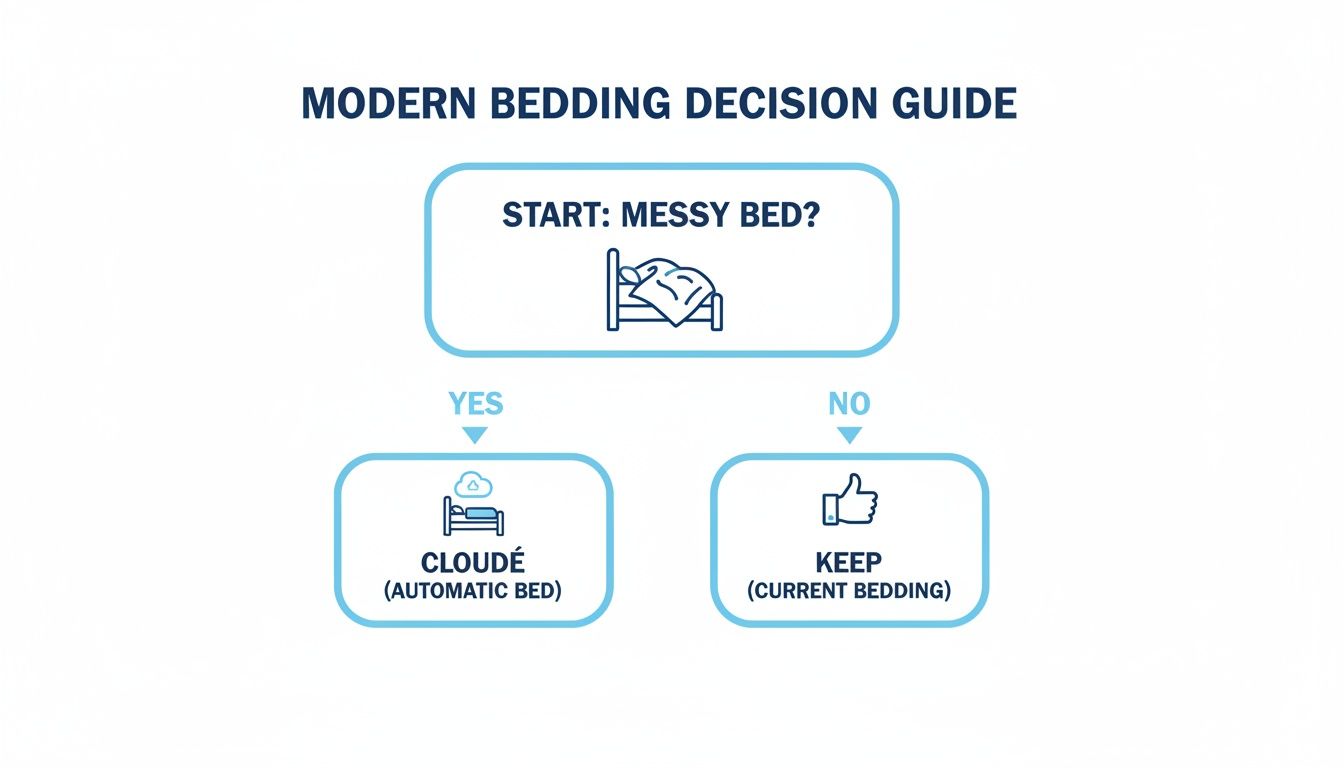 Modern bedding decision guide flowchart asking 'Messy Bed?'. 'Yes' leads to Cloudé automatic bed, 'No' to keeping current bedding.