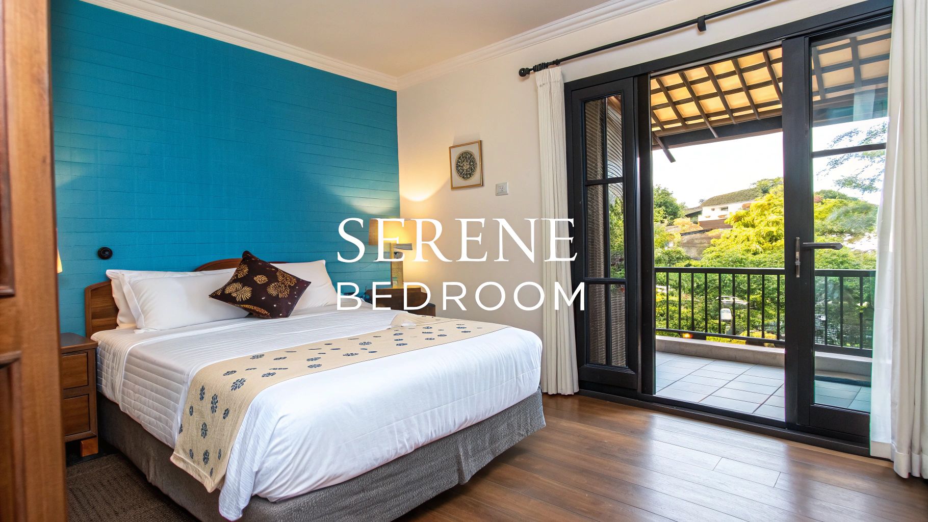 A serene bedroom featuring a white bed with a blue accent wall, wooden furniture, and an open balcony overlooking lush greenery.