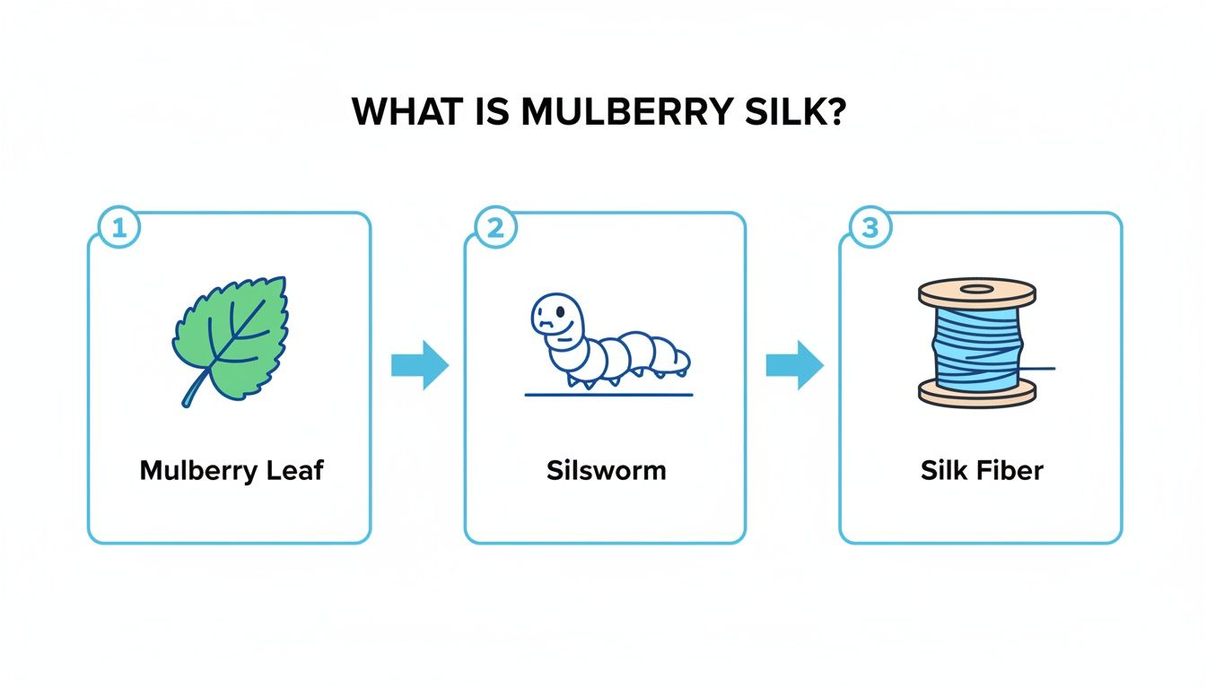 Diagram illustrating the process of mulberry silk production, from leaf to silkworm to silk fiber.