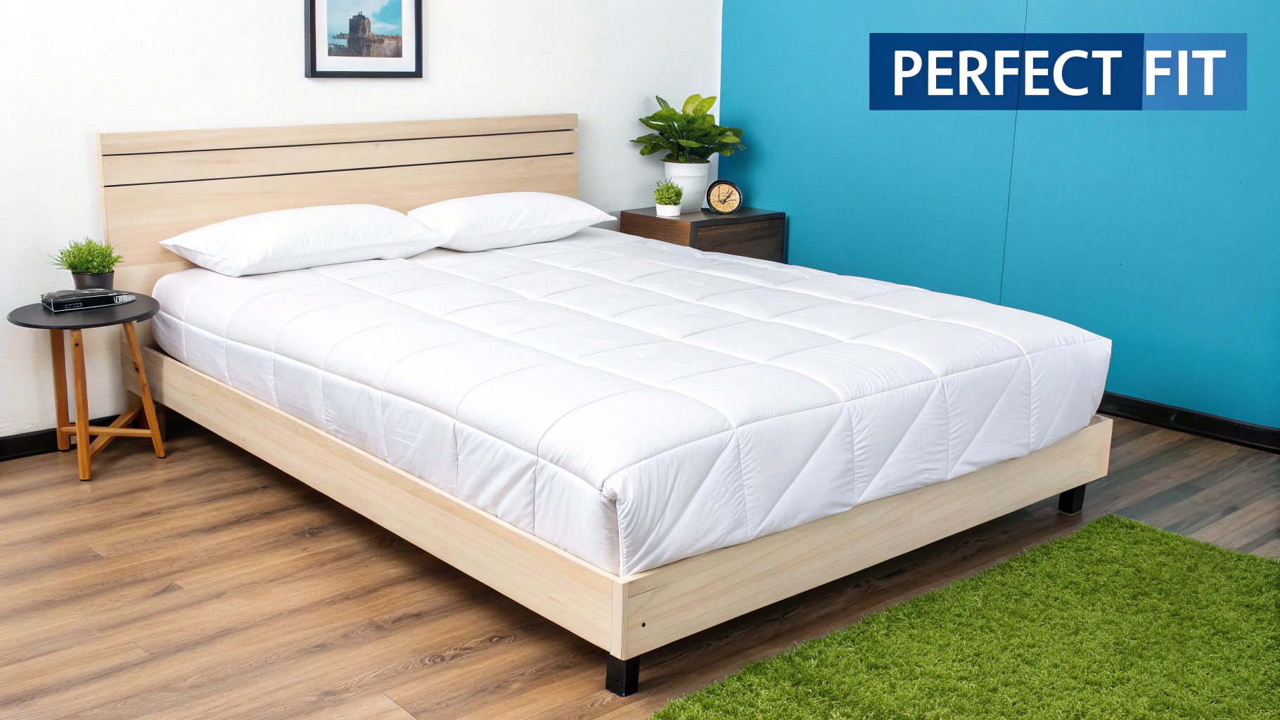 A modern bedroom with a wooden bed frame, a white quilted mattress pad, and two pillows.