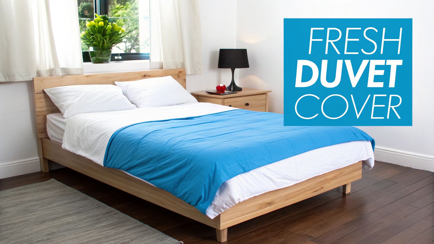 A neatly made bed with a fresh blue duvet cover, white sheets, and pillows in a bright bedroom.