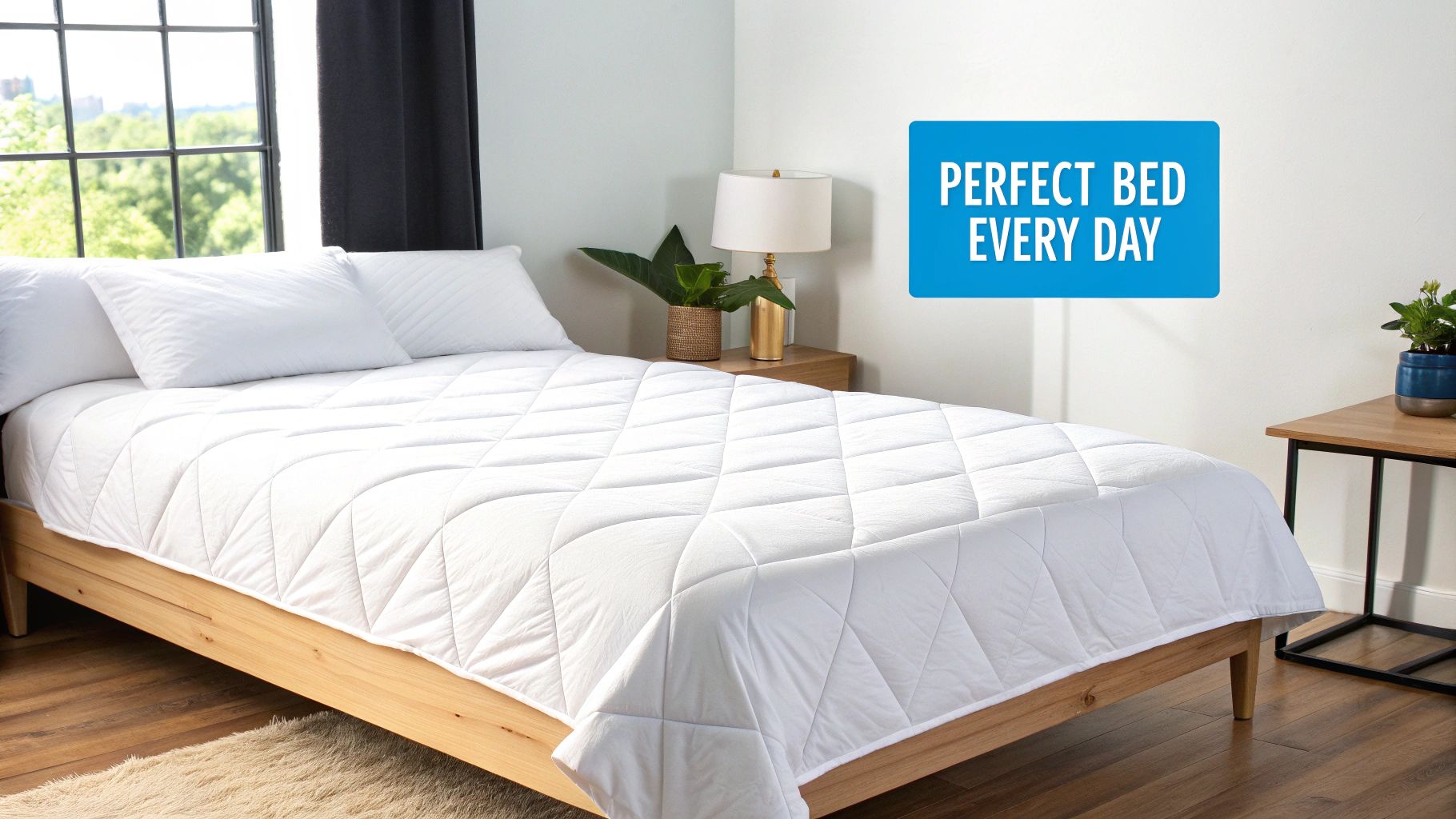 A neatly made bed with a white quilted comforter and pillows in a bright bedroom.