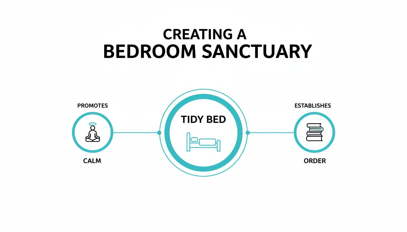 A diagram illustrating how a tidy bed promotes calm and establishes order in a bedroom sanctuary.