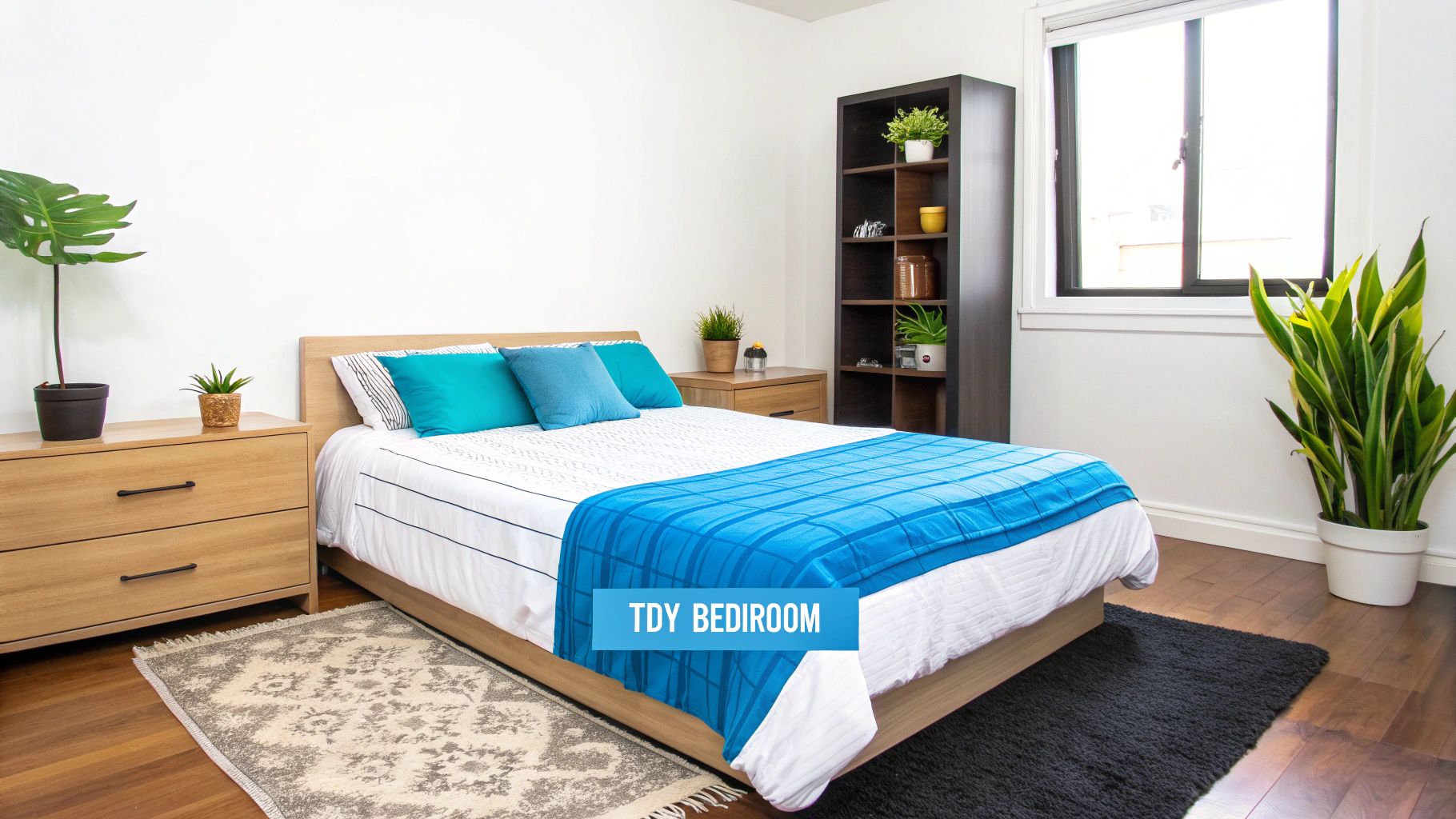 A bright and modern bedroom featuring a bed with blue and white linens, wooden furniture, and green plants.