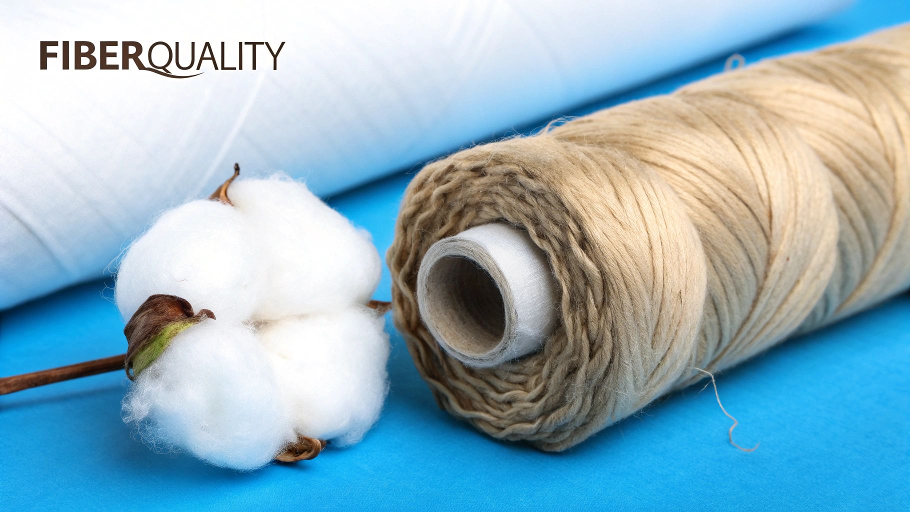 A natural cotton boll, white thread spool, and beige yarn on a vibrant blue background.