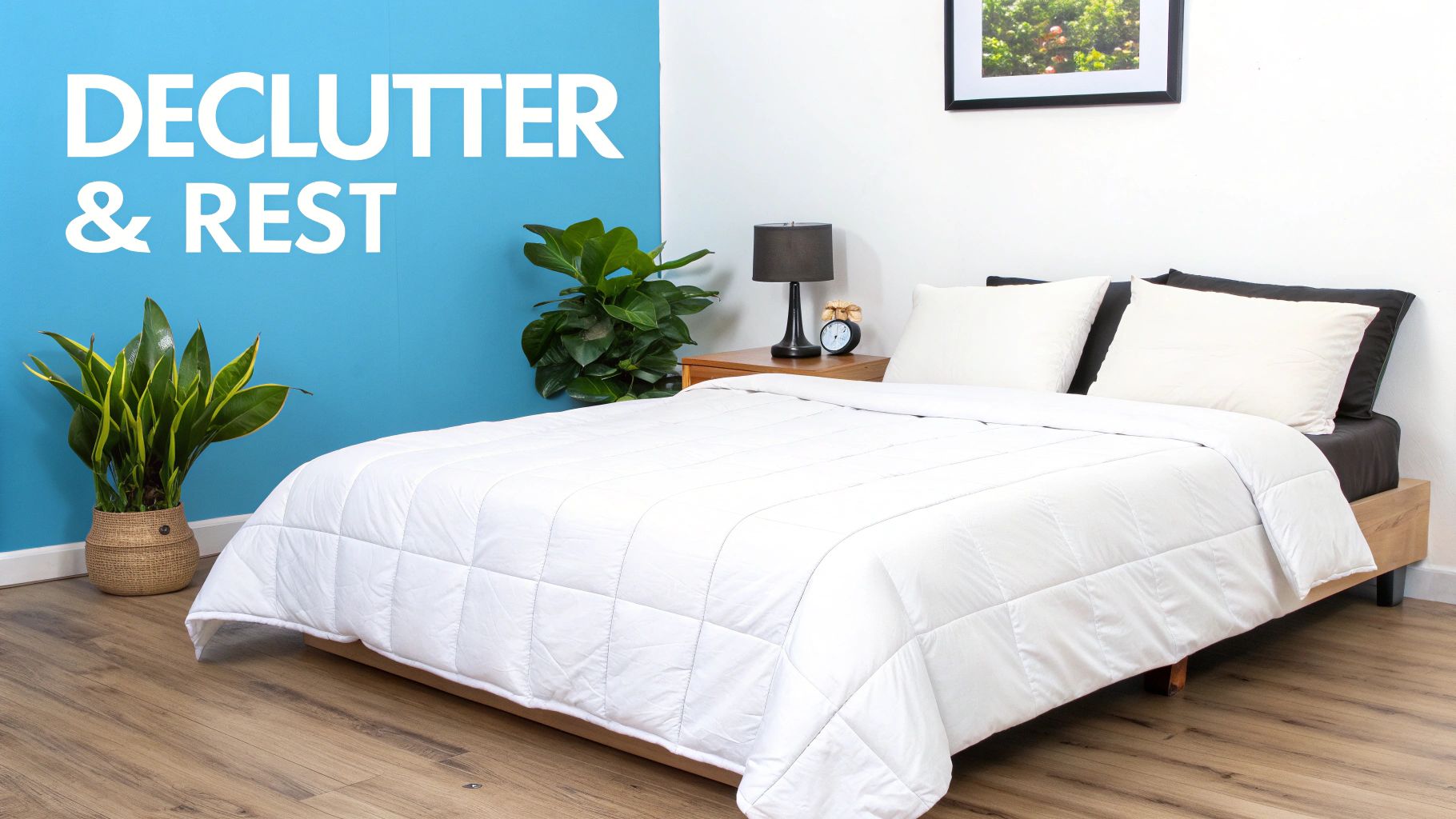 A tidy bedroom with a white bed, green plants, and 'DECLUTTER & REST' text on a blue wall.