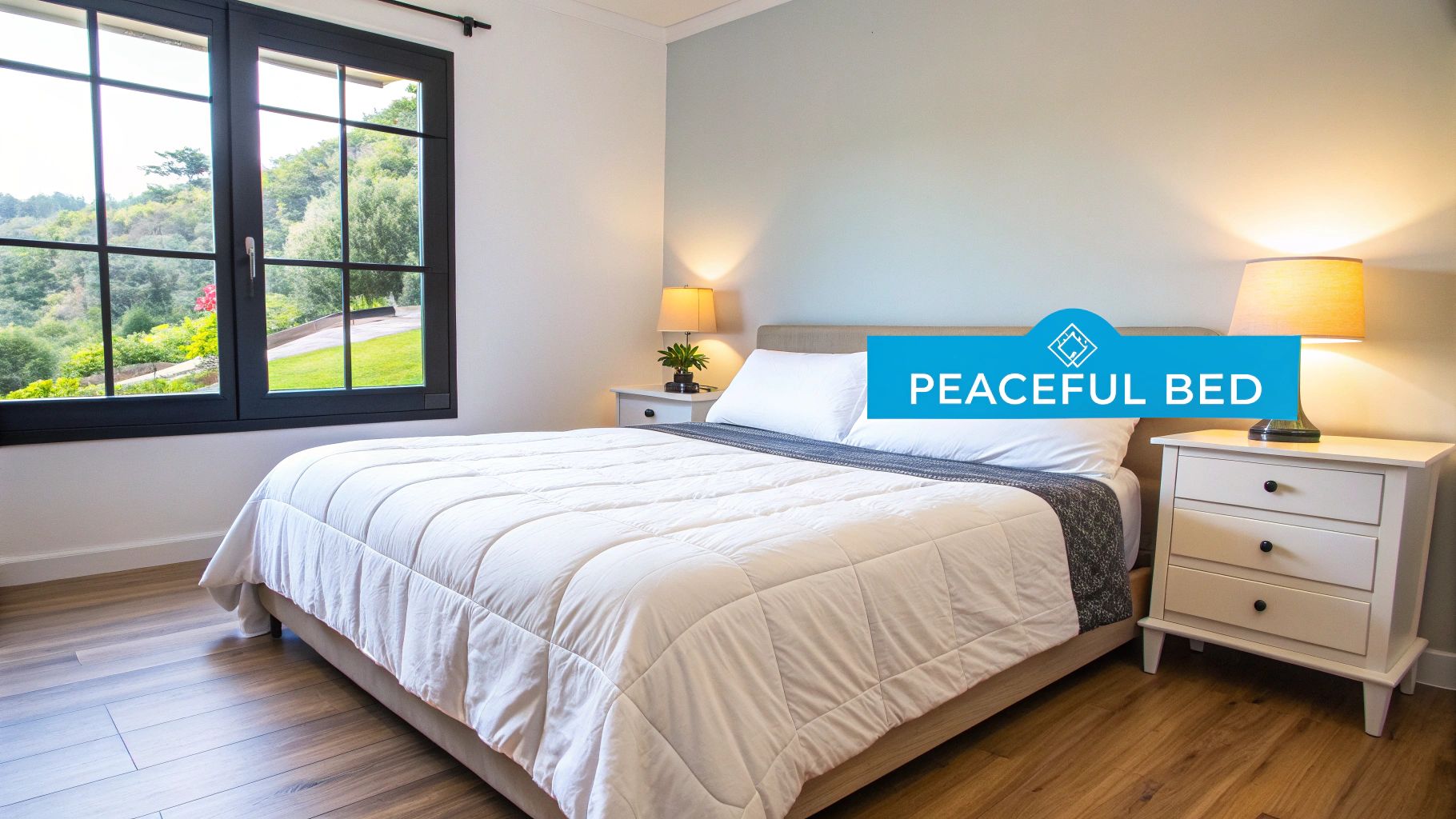 A peaceful bedroom with a large bed, two nightstands with lamps, and a window overlooking a green landscape.