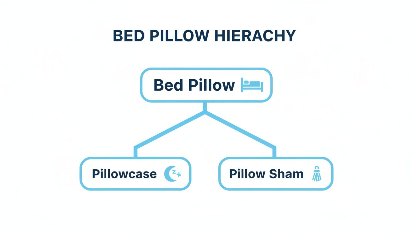 Hierarchy diagram illustrating a bed pillow branching into a pillowcase and a decorative pillow sham.