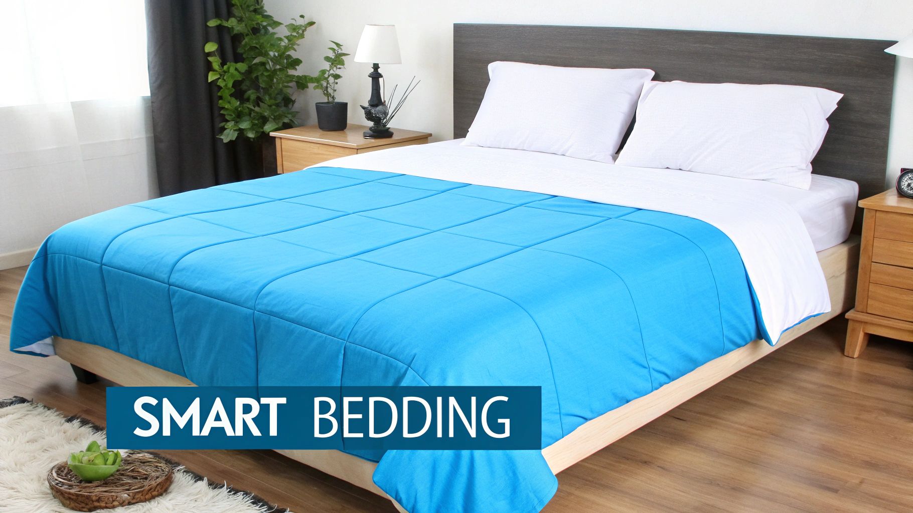A neatly made bed with a vibrant blue comforter and white sheets in a cozy bedroom setting.