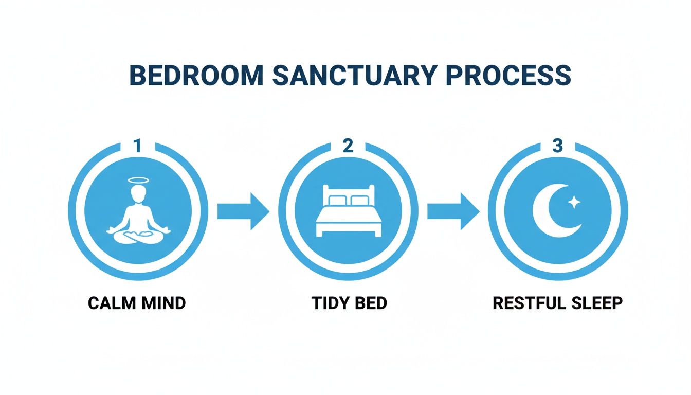 Infographic: Bedroom Sanctuary Process steps - Calm Mind, Tidy Bed, and Restful Sleep for better sleep.