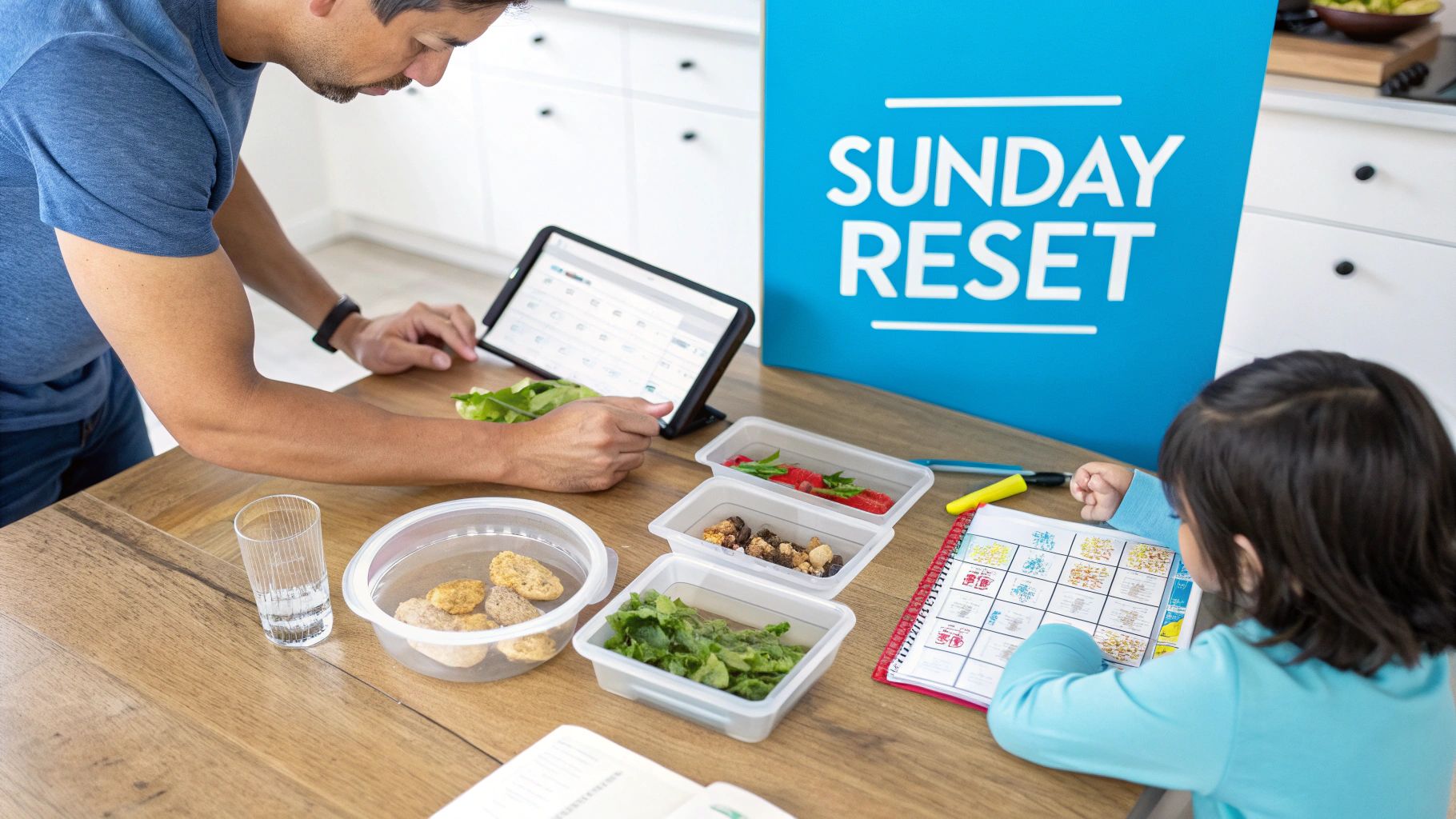 A man and child are meal prepping and planning with a tablet and 'Sunday Reset' sign.