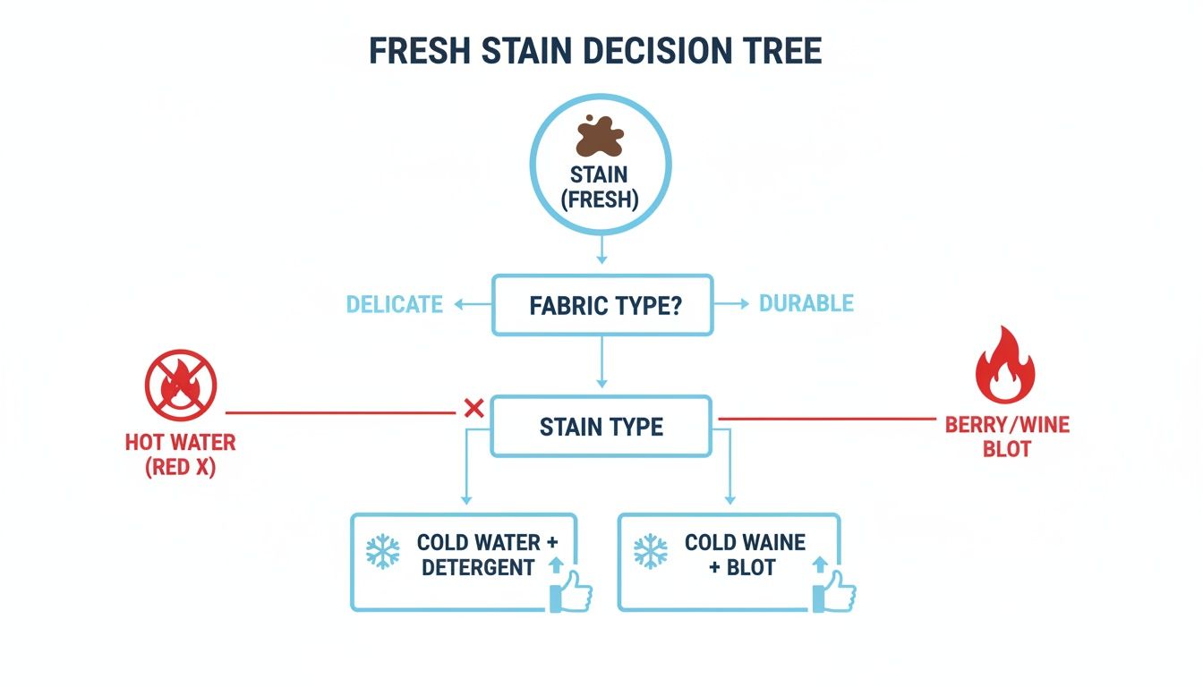 A flowchart decision tree for fresh stain removal, guiding users on treating stains based on fabric and stain type.