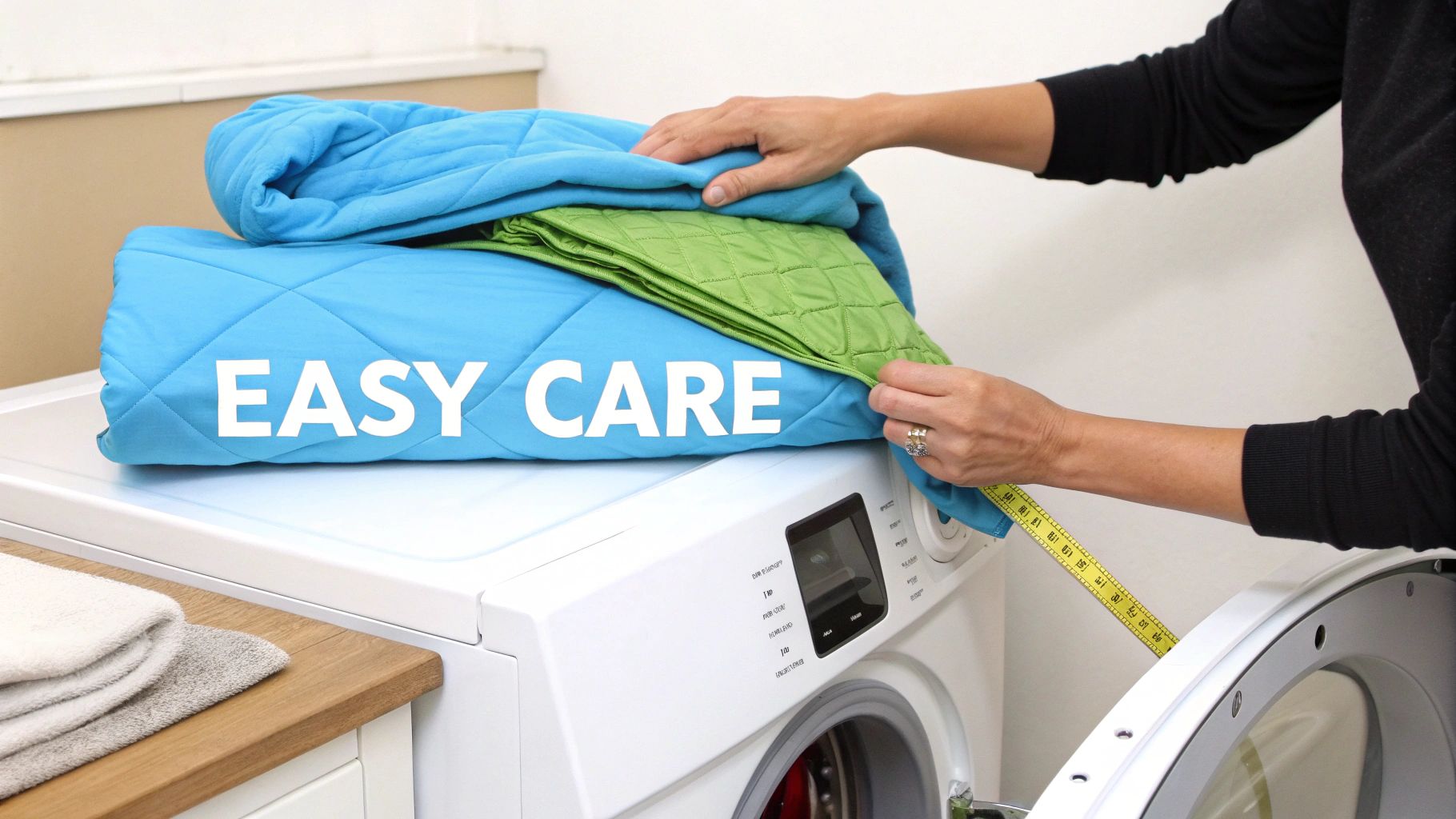 A person folds an "EASY CARE" blue and green quilted blanket on a white washing machine.