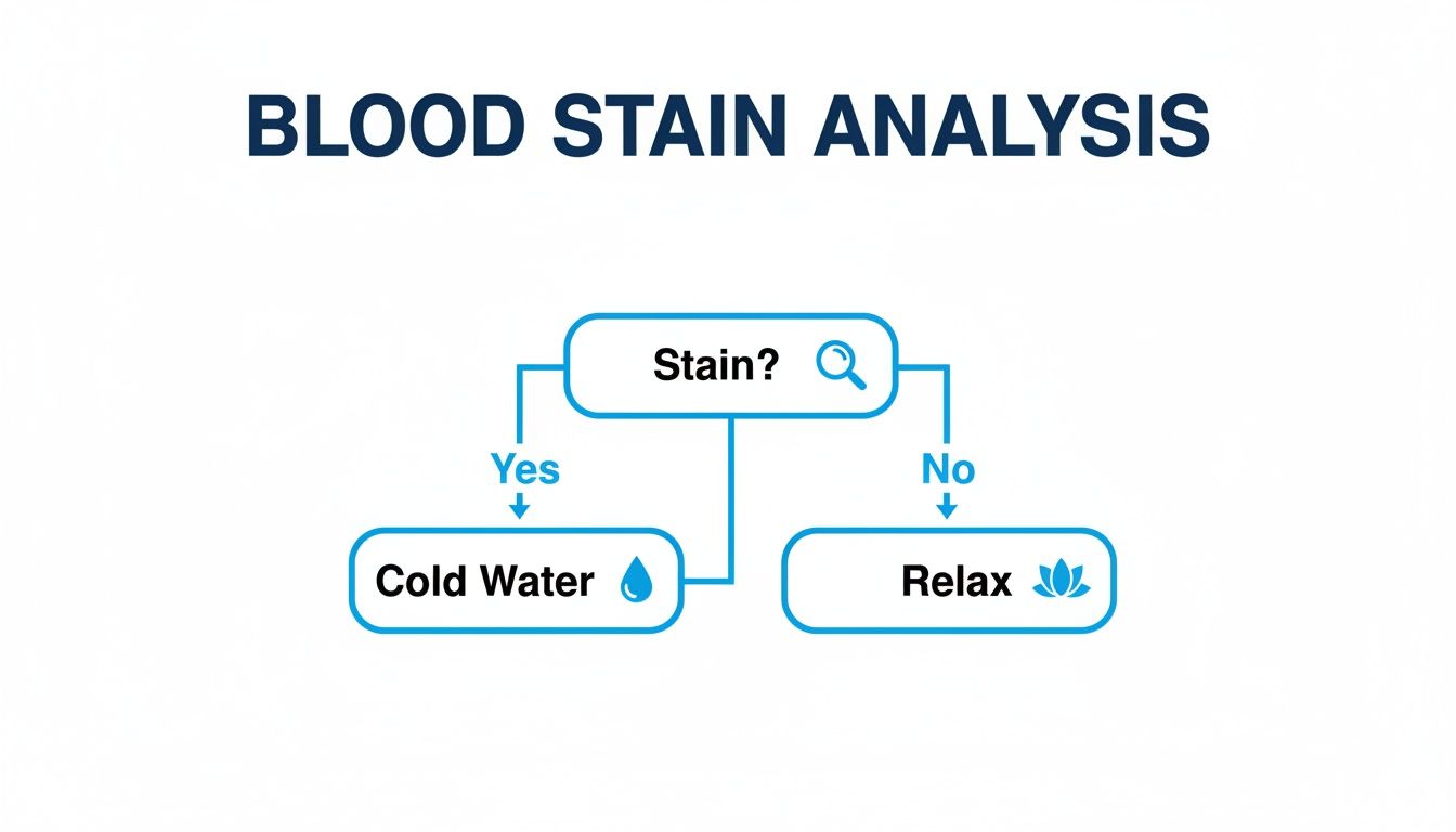 A simple flowchart for blood stain analysis, showing 'Stain?' leading to 'Cold Water' or 'Relax'.
