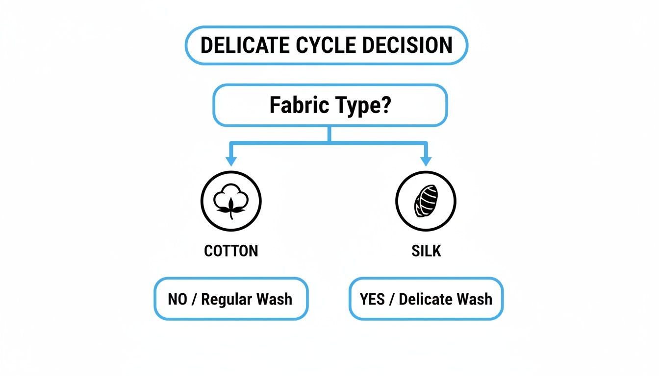 Flowchart outlining delicate wash cycle decisions based on fabric type: cotton for regular, silk for delicate.
