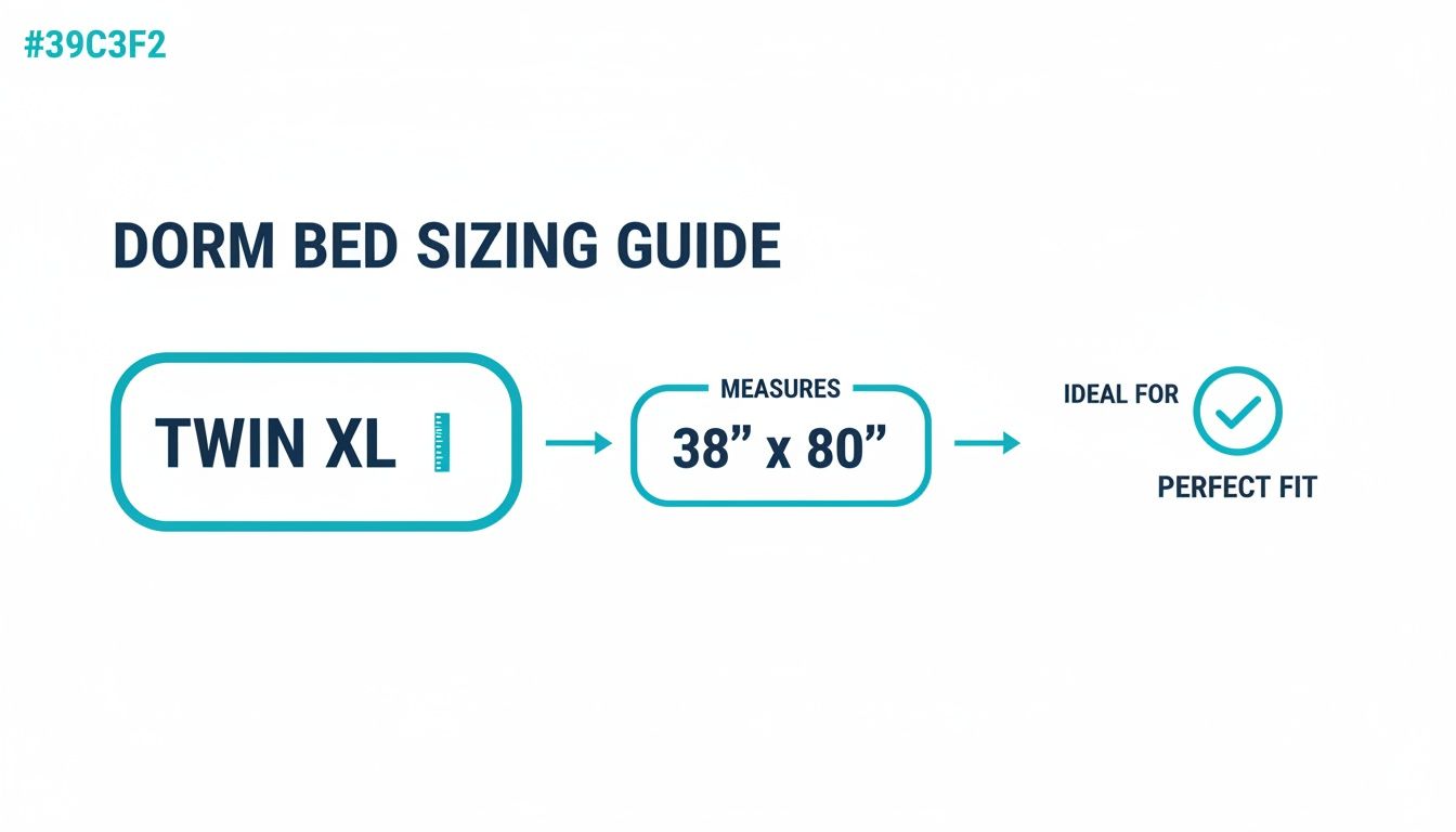 Dorm bed sizing guide indicating Twin XL bed measures 38 inches by 80 inches for a perfect fit.