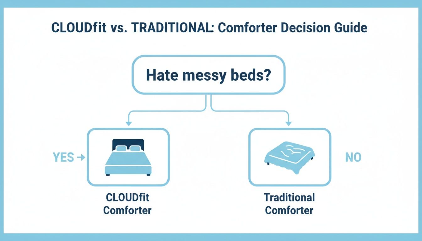 Decision guide flowchart comparing CLOUDfit and Traditional comforters based on bed tidiness preference.