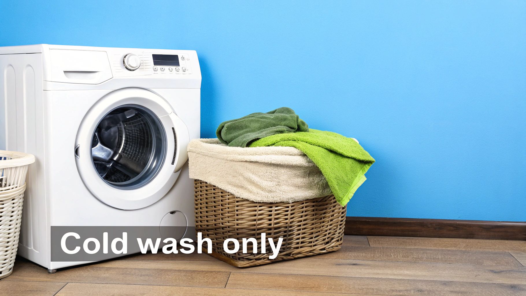 A white washing machine stands next to a wicker laundry basket filled with green and beige towels, with "Cold wash only" text overlay.