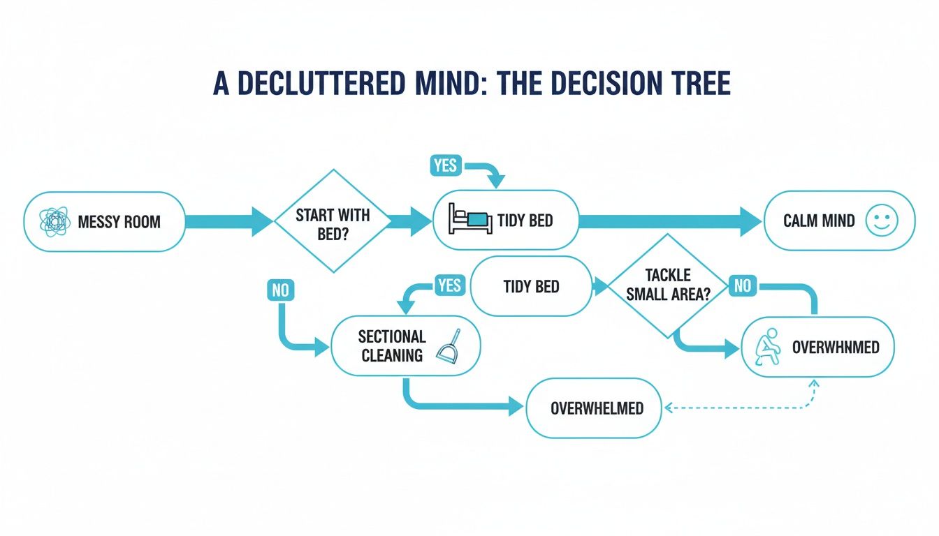 A flowchart illustrating a decision tree for decluttering a messy room to achieve a calm mind.