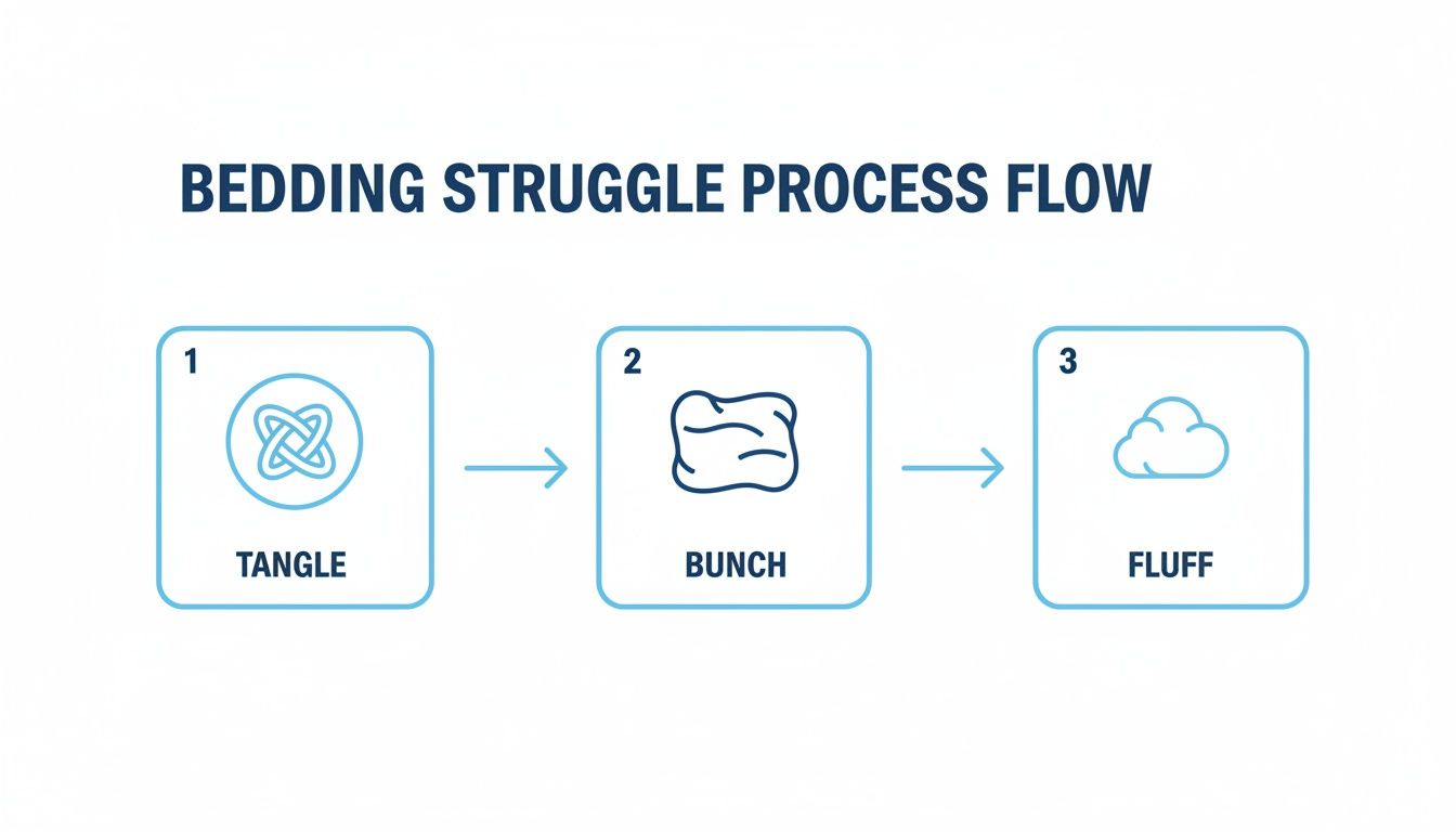 Infographic illustrating the bedding struggle process: tangle, bunch, and fluff.