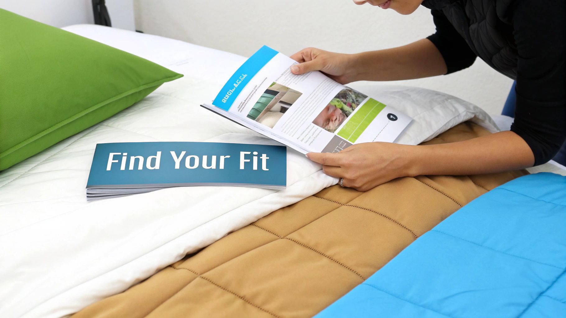 Someone reads a 'Find Your Fit' brochure on a bed with cozy green, white, brown, and blue bedding.