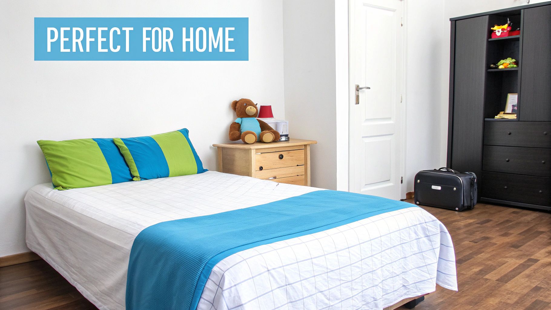 A bright and tidy single bedroom featuring a bed with a blue throw, a nightstand, and a black wardrobe.