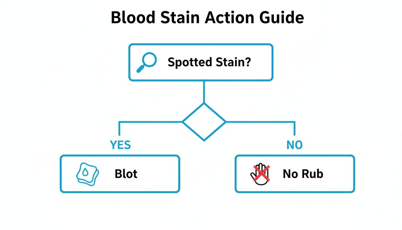 Flowchart titled 'Blood Stain Action Guide' with a question 'Spotted Stain?'. 'Yes' leads to 'Blot', 'No' leads to 'No Rub'.