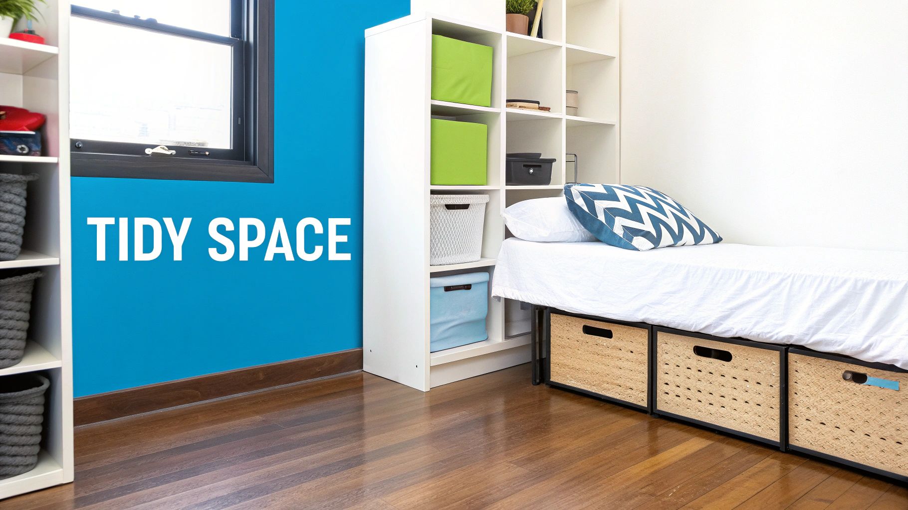 A tidy college apartment bedroom featuring a bed, white storage shelves, and organized bins.
