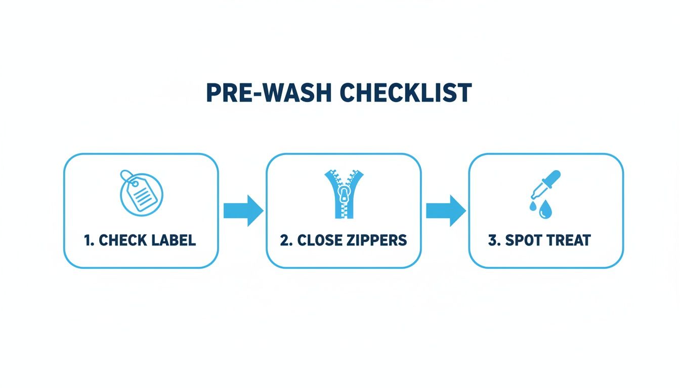 A pre-wash checklist showing three steps: check label, close zippers, and spot treat laundry.