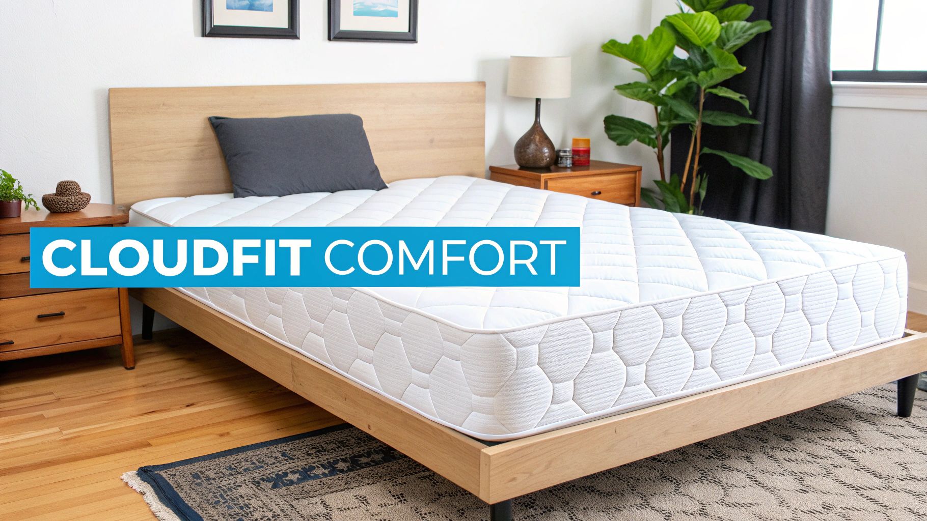 A white Cloudfit Comfort mattress on a light wood bed frame in a bright bedroom.