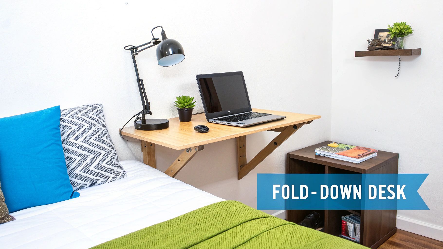 A small bedroom corner with a wall-mounted fold-down desk, laptop, lamp, and plant next to a bed.