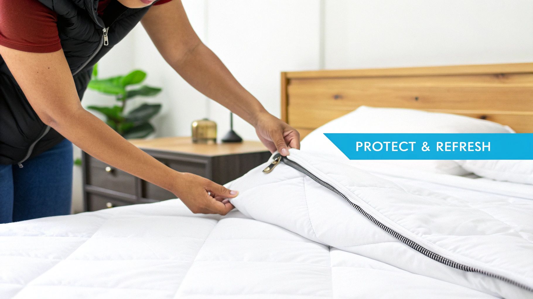 A person zipping a white quilted mattress protector onto a bed, ready for use.