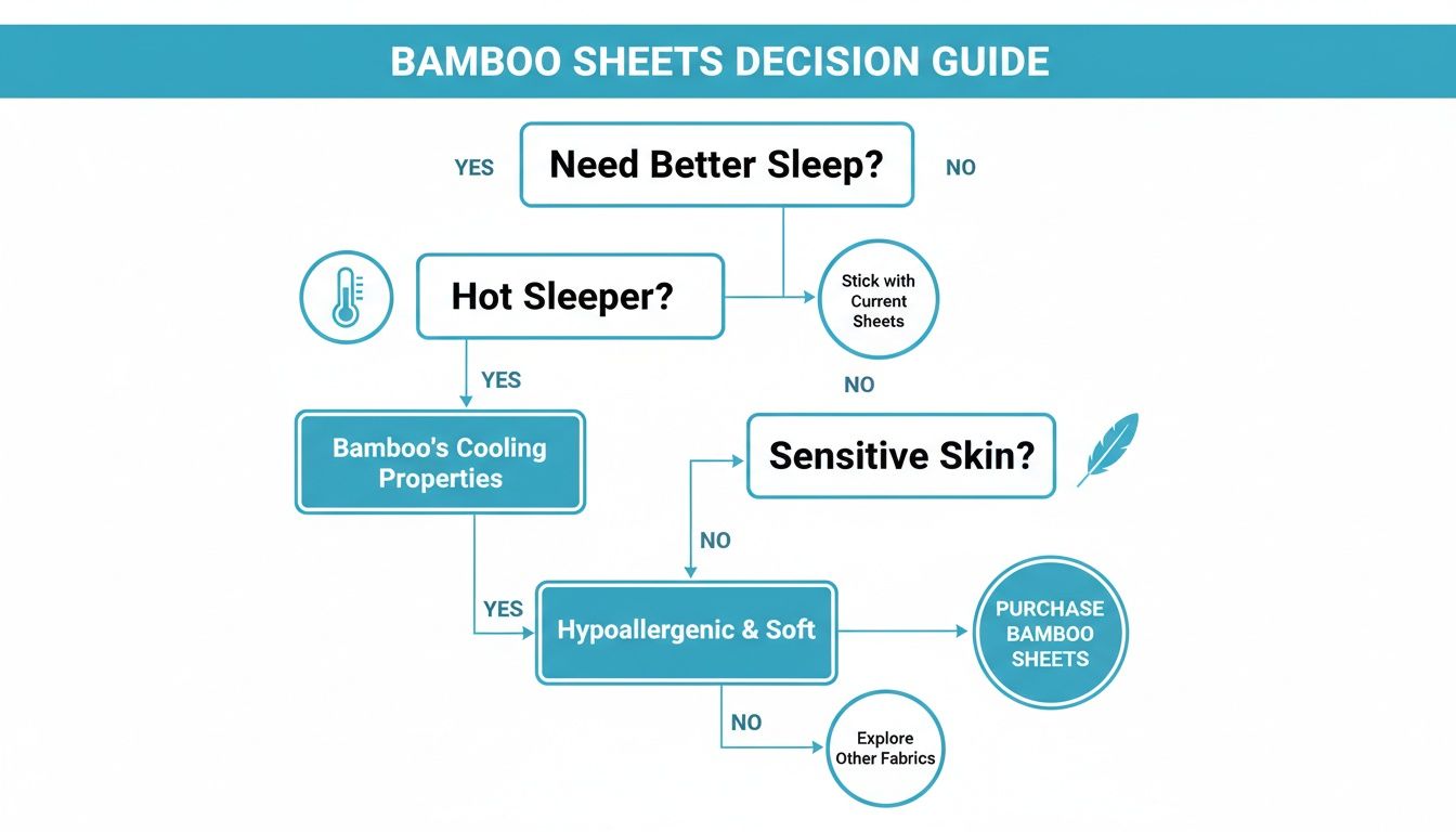 A bamboo sheets decision guide flowchart helping users choose based on sleep, temperature, and skin needs.