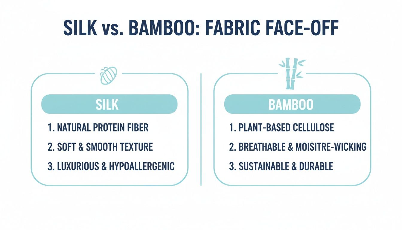 A detailed comparison chart outlining the key properties and benefits of silk versus bamboo fabrics.