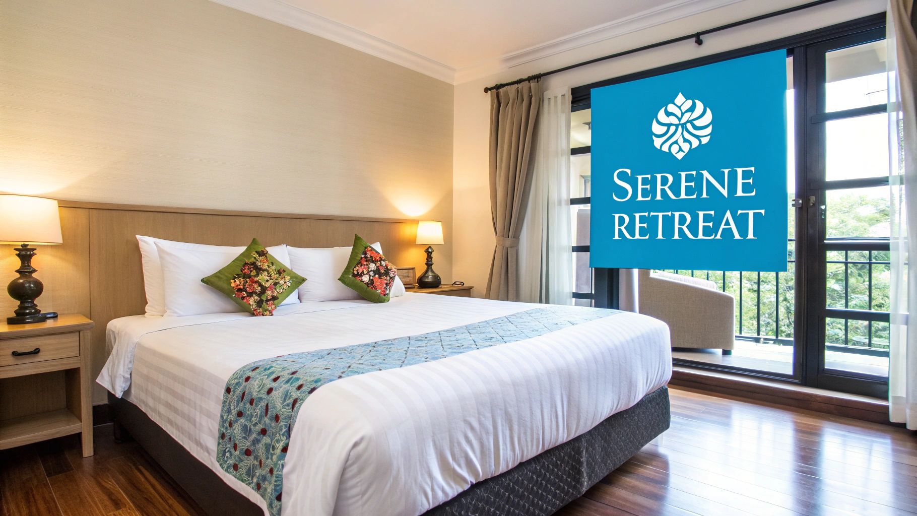 A serene bedroom featuring a large bed with decorative floral pillows and a bright window overlooking nature.