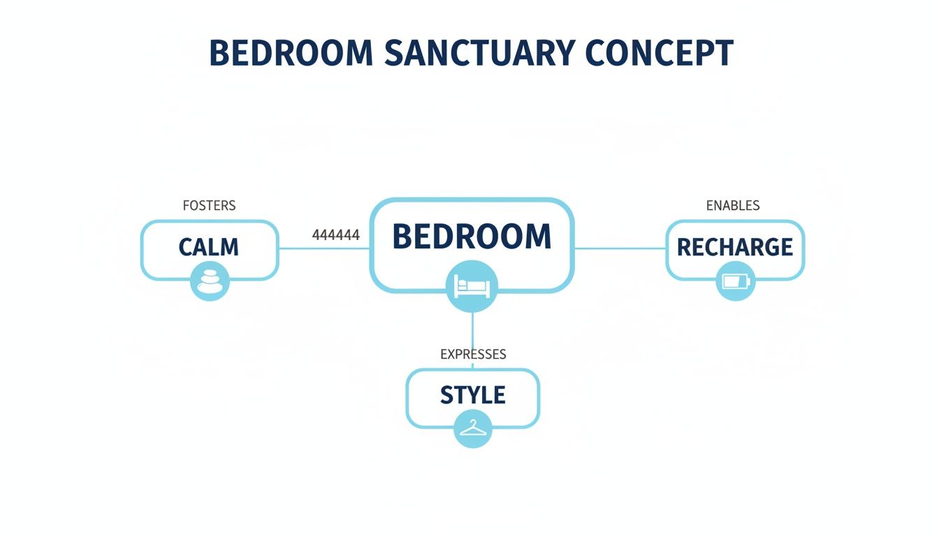 A concept map illustrating the 'Bedroom Sanctuary Concept' with key benefits: calm, recharge, and style.
