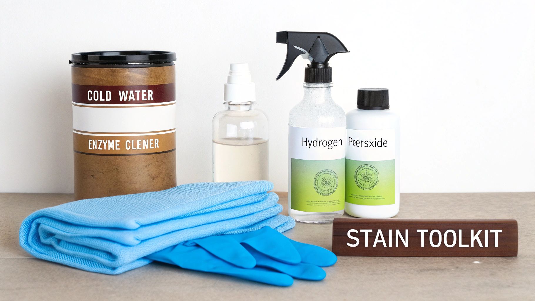 A stain toolkit with enzyme cleaner, cold water, hydrogen peroxide, cloths, and gloves on a counter.