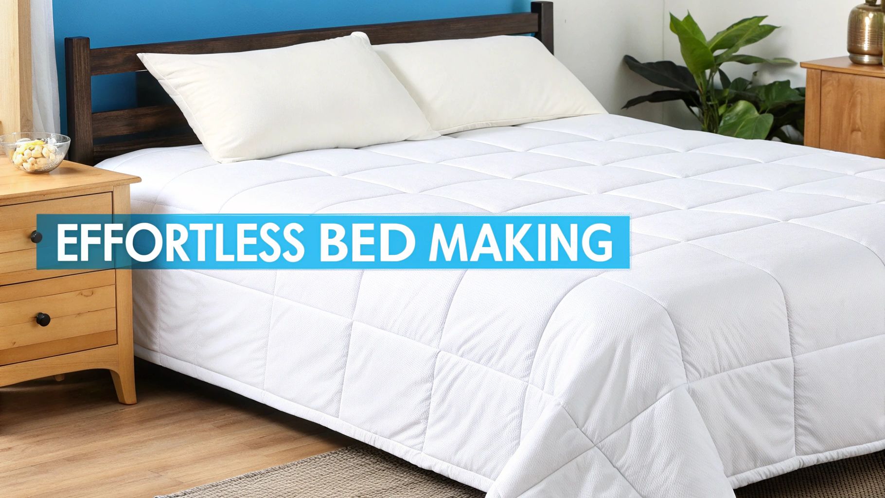 A beautifully made bed with white bedding, two pillows, and a wooden nightstand. Promoting effortless bed making.