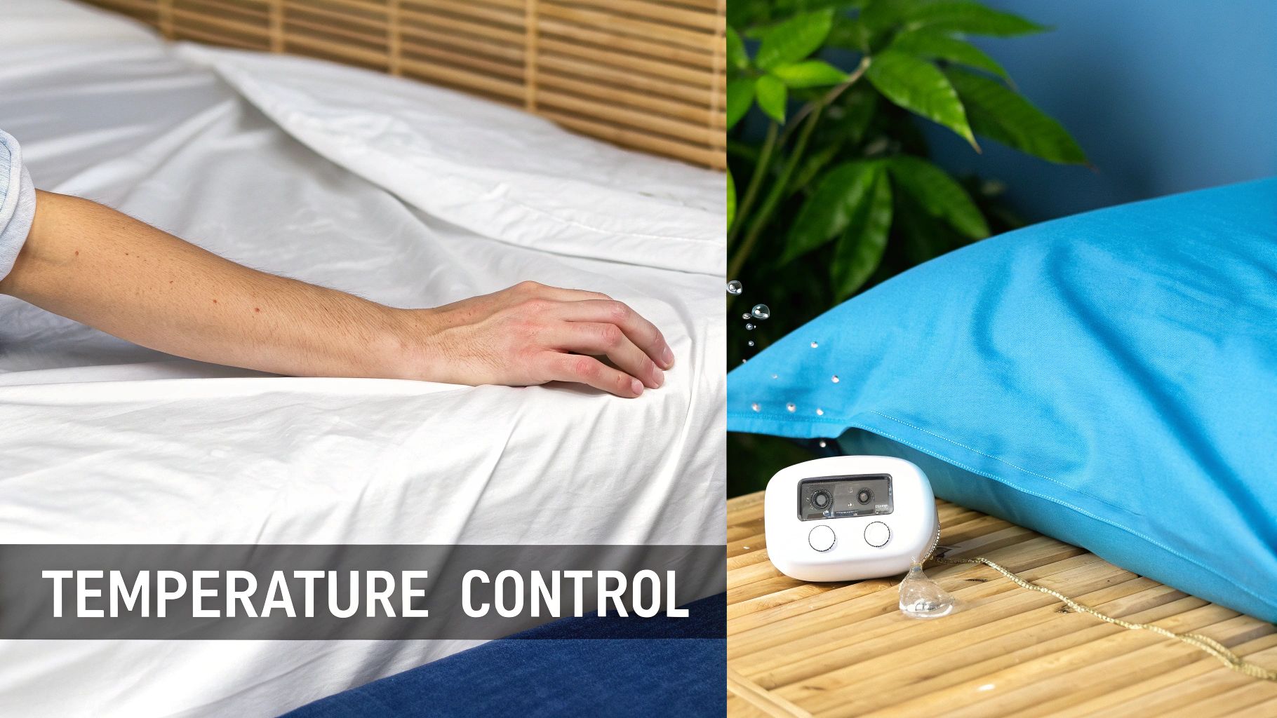 A split image contrasting a person's arm on white sheets and a blue pillow with a device, highlighting temperature control for sleep.