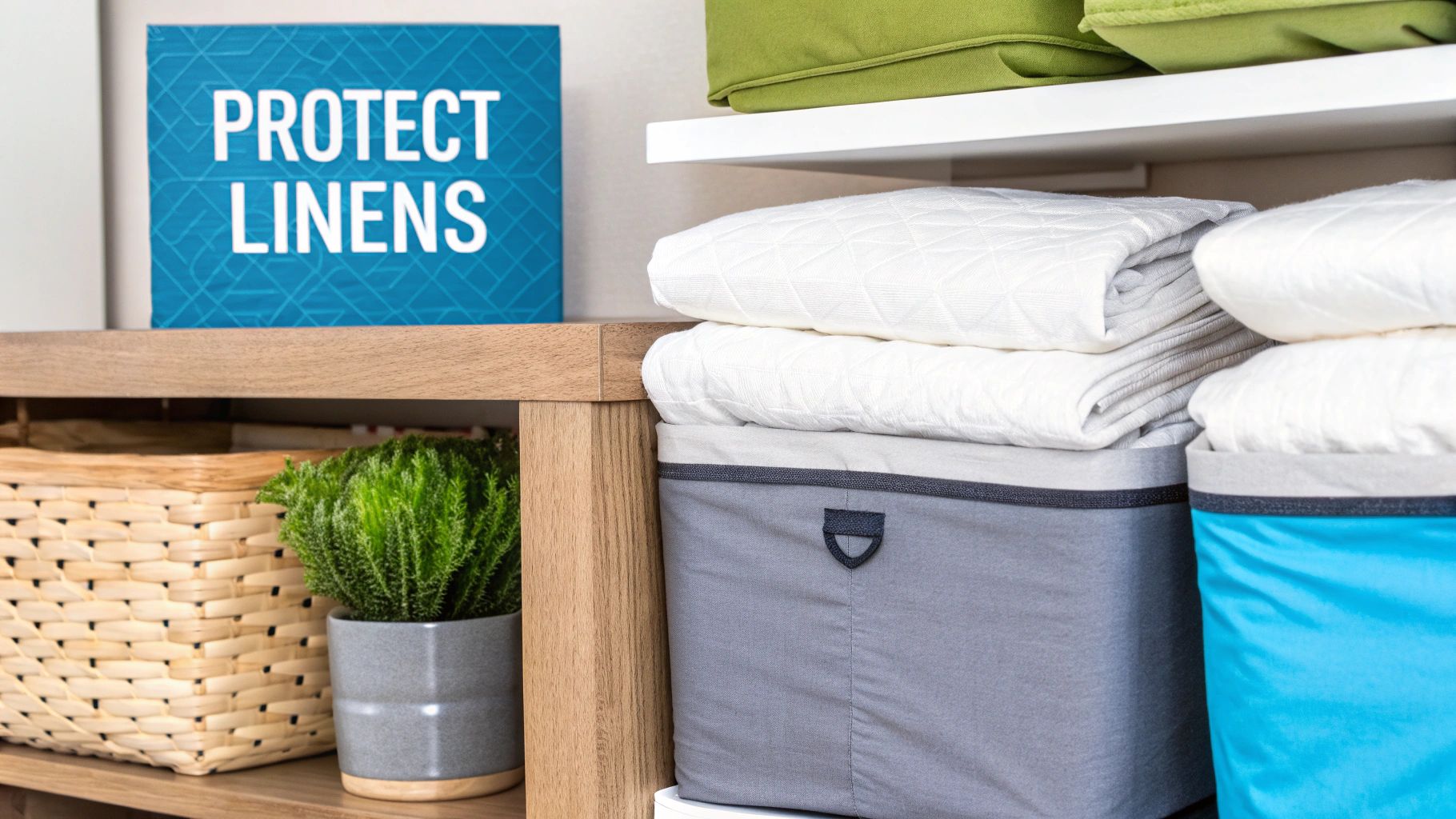 Neatly organized white linens in grey and blue fabric storage bins on shelves with a 'PROTECT LINENS' sign.