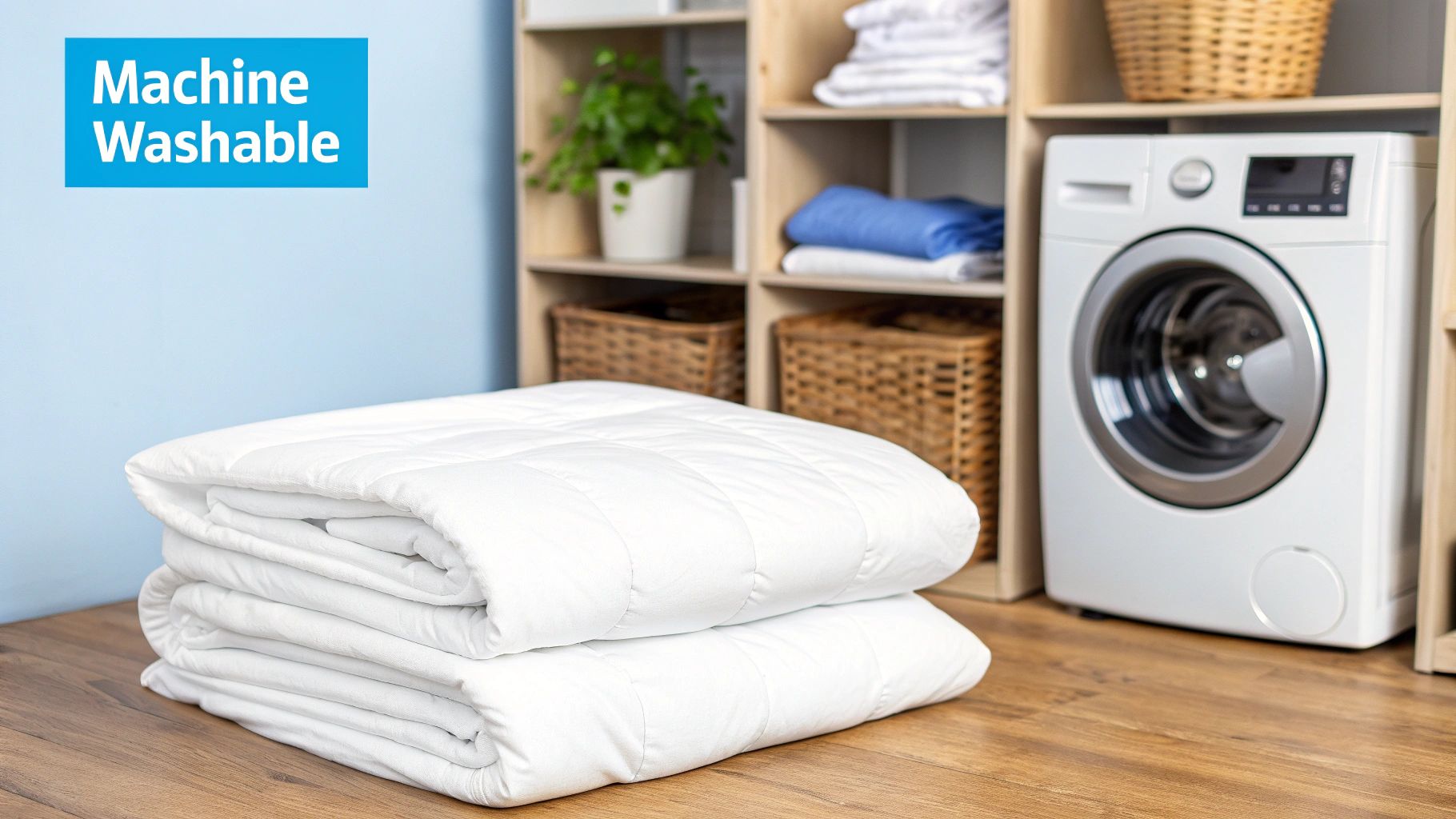 White machine washable quilted bedding folded on a wooden floor, with a washing machine in the background.