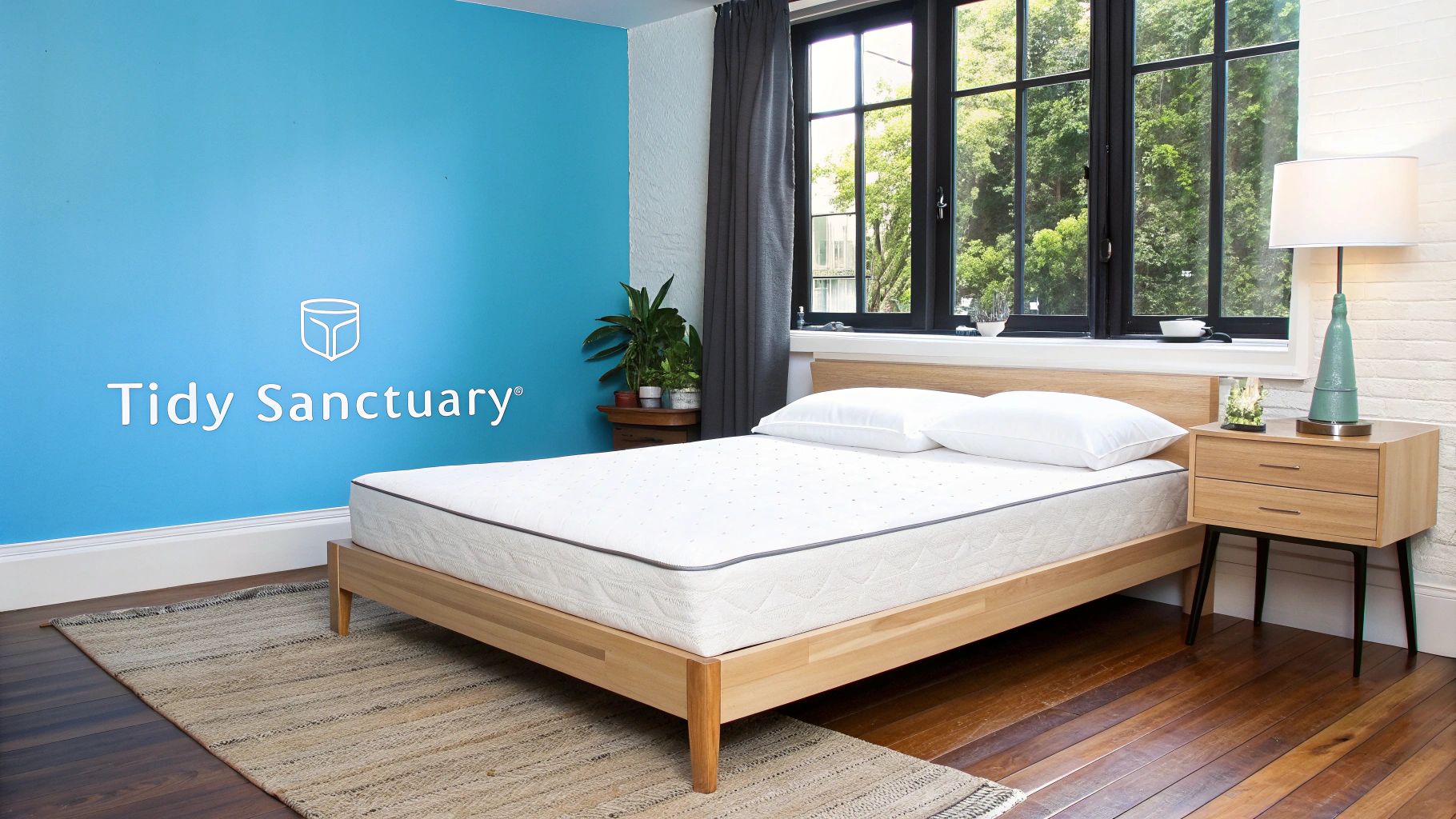 A bright bedroom with a bed, mattress, pillows, nightstand, and Tidy Sanctuary logo on a blue wall.