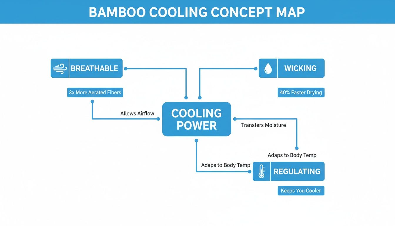 A concept map illustrating how bamboo provides cooling power through breathability, wicking, and temperature regulation.