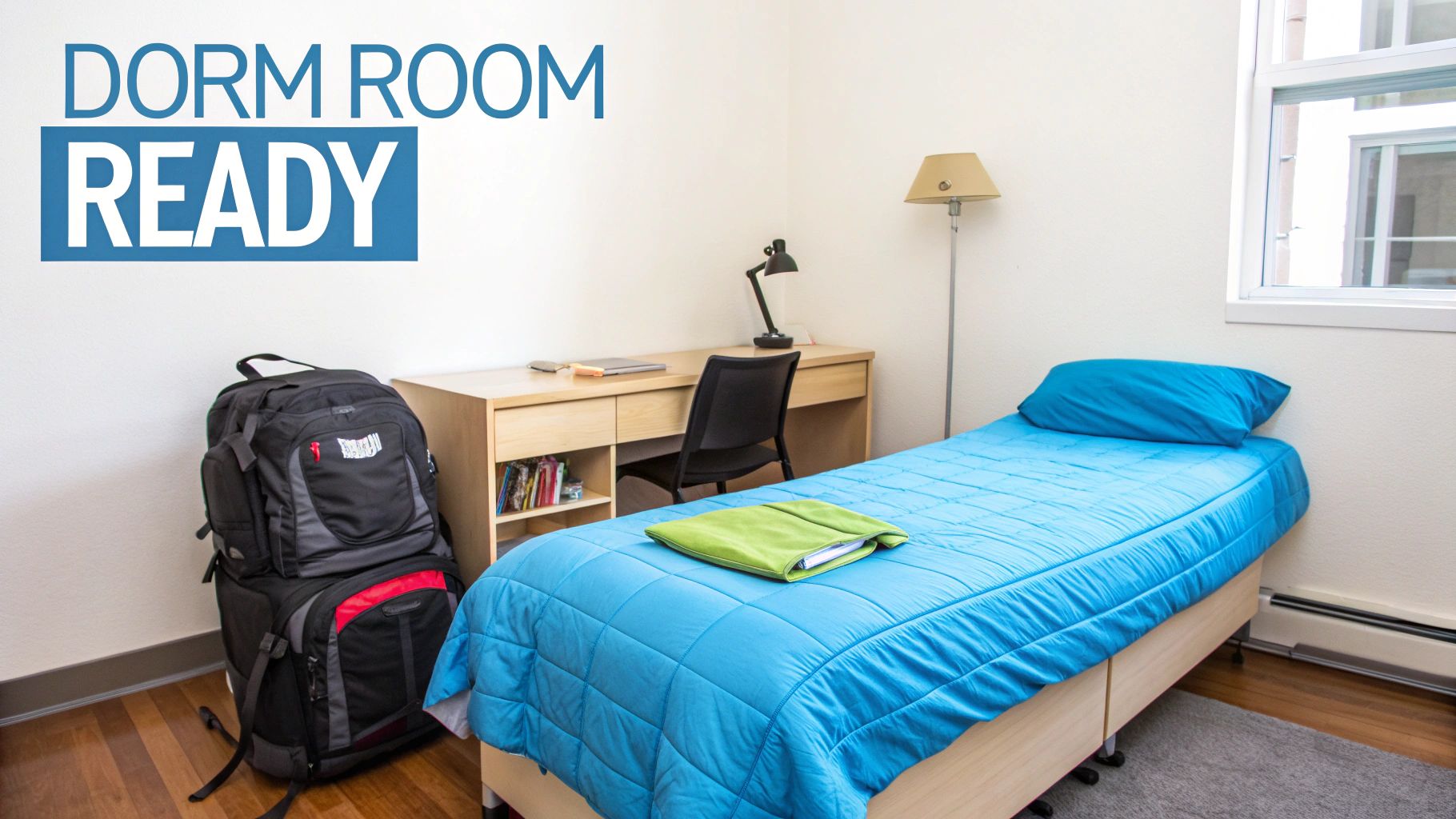 A clean, furnished dorm room with a twin XL bed, desk, chair, lamps, and a large backpack.
