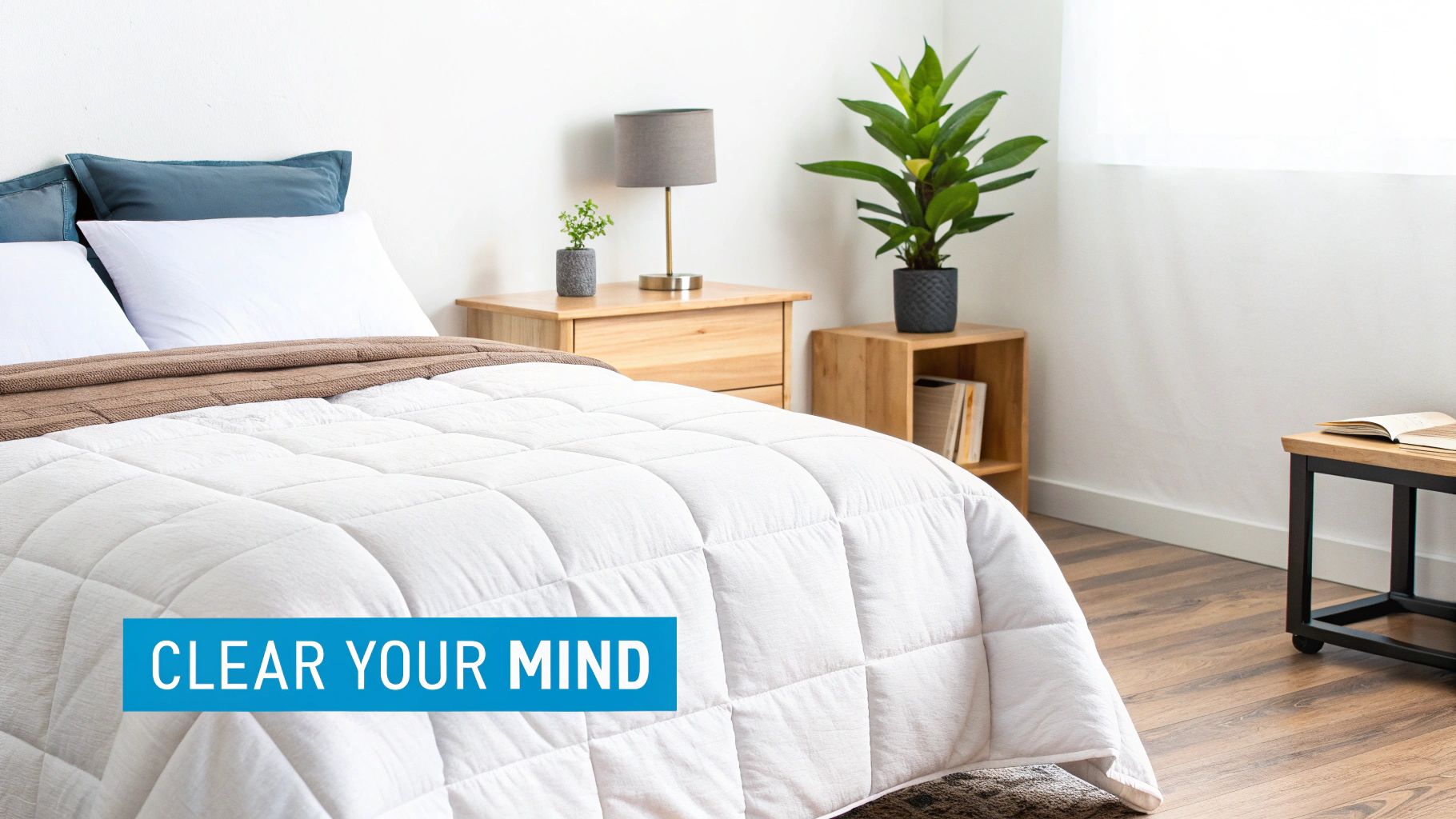 Bright bedroom with a comfortable bed, white comforter, green plants, and wooden bedside tables.